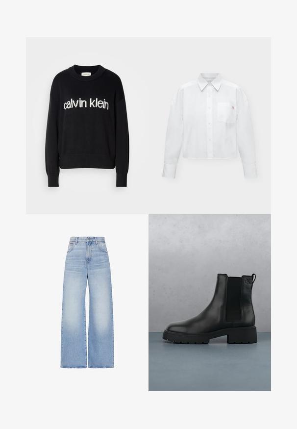 Sort langærmet striktrøje med rund hals og hvid "calvin klein" logo centreret på fronten.; Hvid skjorte med lange ærmer, knapper, krave og brystlomme med et lille broderet logo.; Lyseblå højtaljede jeans med vidde i benene, lukkes foran med knapper og lynlås, for- og baglommer samt en let slidt detalje på højre lomme.; Sort læder Chelsea-boot med elastiske sidepaneler, tekstureret finish og en robust sål, placeret over brune træfliser med småsten.