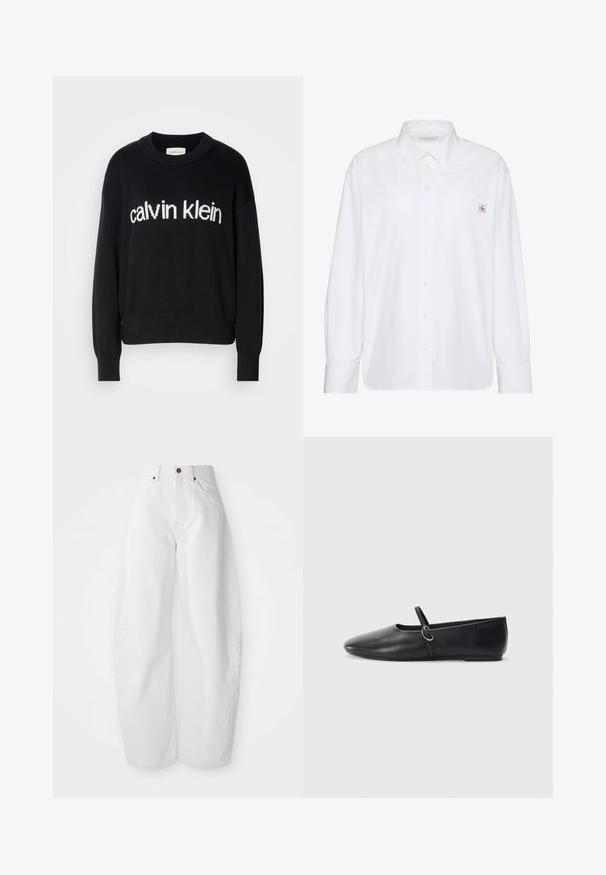 Pull en maille noir à manches longues avec col ras du cou et logo "calvin klein" blanc centré à l'avant.; Chemise blanche à manches longues avec boutons, col pointu et petit écusson logo Calvin Klein sur la poche poitrine gauche.; Pantalons en denim blancs taille haute avec une coupe ample. Dotés d'une fermeture à bouton, de poches latérales et d'un design minimaliste. Texture lisse.; Ballerines noires en cuir avec un bout pointu, une semelle plate et une petite sangle avec un détail de boucle en argent.