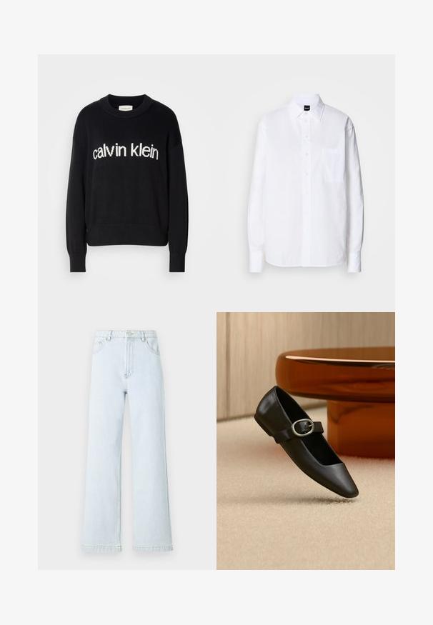 Suéter de punto negro de manga larga con cuello redondo y logo blanco de "calvin klein" centrado en el frente.; Camisa blanca de botón hecha de algodón, con cuello clásico, mangas largas, un bolsillo en el pecho y una textura suave y crujiente.; Jeans de mezclilla de un azul claro, de pierna ancha y cintura alta, con un diseño de cinco bolsillos y detalles de costura dorada. Textura suave y corte recto.; Zapato plano Mary Jane de cuero negro con hebilla plateada, exhibido sobre una alfombra beige cerca de la base de una mesa redonda marrón.