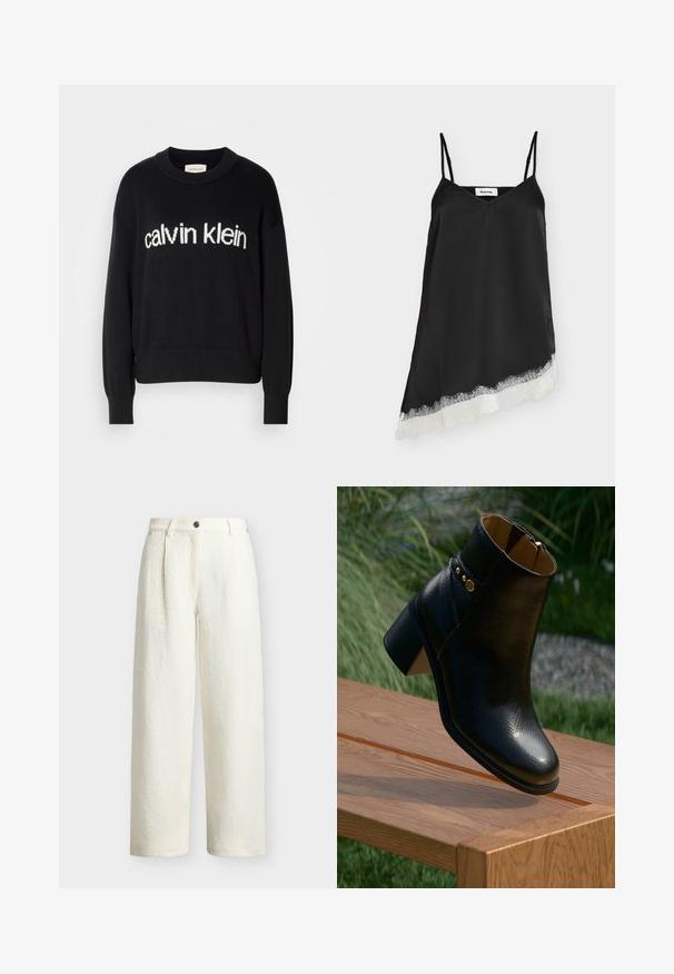 Pull en maille noir à manches longues avec col ras du cou et logo "calvin klein" blanc centré à l'avant.; Robe en satin noire sans manches avec fines bretelles et ourlet asymétrique orné de dentelle blanche.; Pantalon large taille haute couleur crème en tissu texturé, fermeture devant par boutons, passants de ceinture et poches latérales.; Bottine en cuir noir avec une finition texturée, un bouton accent doré et un talon épais, positionnée au-dessus d'une table en bois.