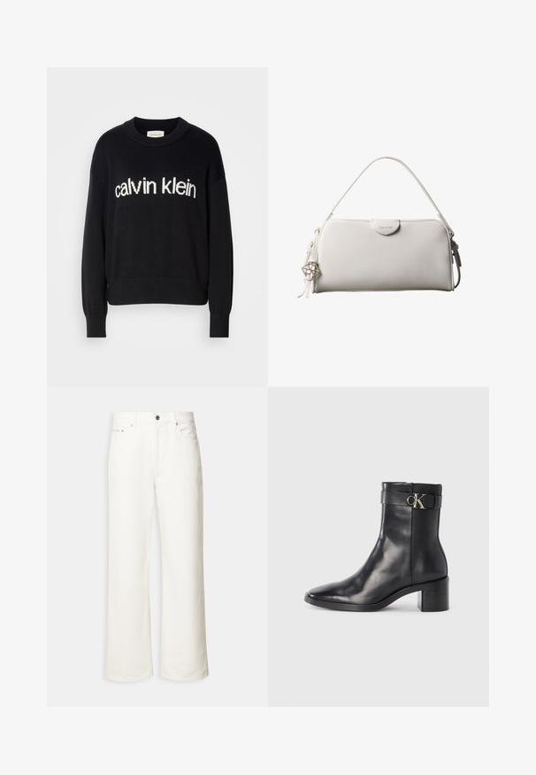 Sort langærmet striktrøje med rund hals og hvid "calvin klein" logo centreret på fronten.; Hvide jeans med vide ben, foran med knap, bæltestropper og fem-lomme design.; Sort læder ankelstøvle med spids tå, blokhæl og en rem med en metallisk logo detalje. Glat tekstur og minimalistisk design.; Hvid rektangulær Calvin Klein håndtaske med enkelt håndtag, minimalistisk design og dekorative kvaster med geometrisk metalvedhæng på siden.