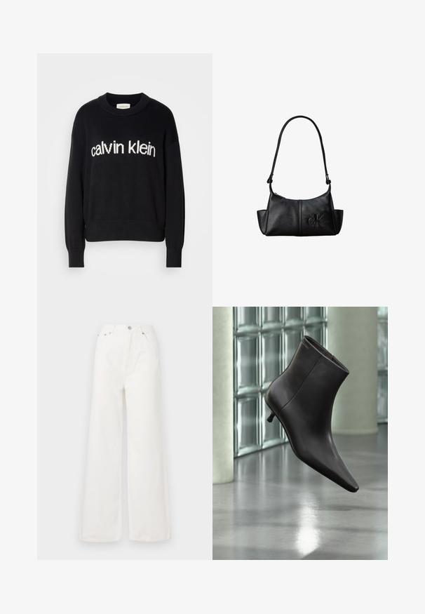Sort langærmet striktrøje med rund hals og hvid "calvin klein" logo centreret på fronten.; Hvide højtaljede brede jeans lavet af denim. Har frontlommer, knaplukning og afrivede kantdetaljer.; Sort læderankelstøvle med spids tå og lille hæl vist mod en væg af glasblokke og poleret gulv baggrund.; Sort læder skuldertaske med lang rem, sidelommer og præget Calvin Klein-logo på fronten.