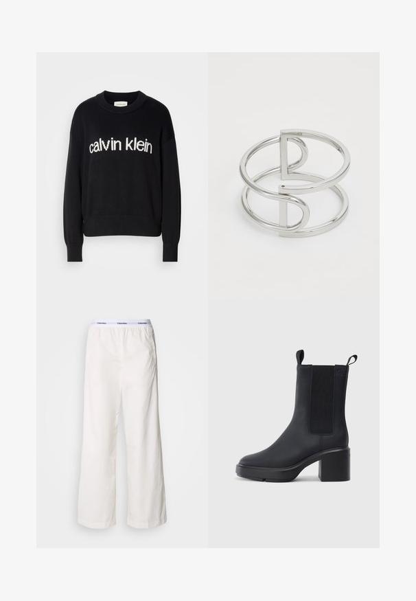 Pull en maille noir à manches longues avec col ras du cou et logo "calvin klein" blanc centré à l'avant.; Pantalons larges blancs avec une taille élastique arborant un logo Calvin Klein en contraste. Fabriqués à partir d'un tissu lisse, ils offrent une coupe décontractée.; Bottines noires avec un matériau en caoutchouc lisse, des panneaux latéraux élastiques, un talon carré et des tirettes en haut pour un enfilage facile.; Bracelet en métal argenté avec un design à double boucle, fini lisse et brillant, et un accent géométrique minimaliste.