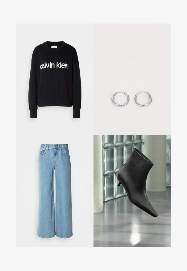 Pull en maille noir à manches longues avec col ras du cou et logo "calvin klein" blanc centré à l'avant.; Jean large bleu clair en denim, avec une taille haute, un design à cinq poches et un léger dégradé sur le tissu.; Bottine en cuir noir avec bout pointu et petit talon, présentée devant un mur en blocs de verre et un sol poli.; Boucles d'oreilles en argent en forme de rond, avec une finition lisse et polie. Éléments circulaires avec un petit fermoir pour la fermeture. Design minimaliste, léger.