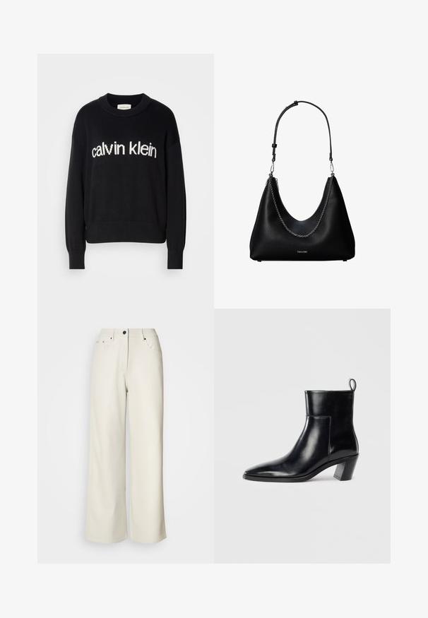 Suéter de punto negro de manga larga con cuello redondo y logo blanco de "calvin klein" centrado en el frente.; Pantalones de pierna ancha color crema, confeccionados en una tela suave. Cuentan con una cintura de altura media, cierre con cremallera y dos bolsillos delanteros con detalles en hardware negro.; Botín de piel negra hasta el tobillo con punta afilada, tacón apilado geométrico y una lengüeta en la parte posterior. Textura suave y diseño elegante.; Bolso de mano de cuero negro con detalle de cadena plateada y correa de hombro ajustable, con el logo de Calvin Klein en la parte frontal.