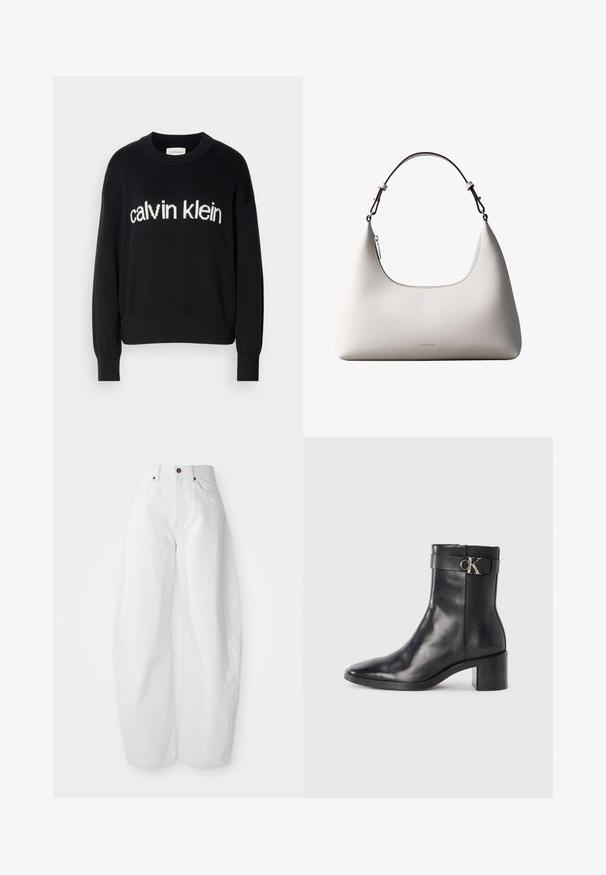 Sort langærmet striktrøje med rund hals og hvid "calvin klein" logo centreret på fronten.; Højtaljede hvide denimbukser med løs pasform. Har en knaplukning, sidelommer og et minimalistisk design. Glat tekstur.; Sort læder ankelstøvle med spids tå, blokhæl og en rem med en metallisk logo detalje. Glat tekstur og minimalistisk design.; Cremefarvet skuldertaske i læder fra Calvin Klein med buet topkant, sølvfarvet lynlås og mørkebrun justerbar rem.