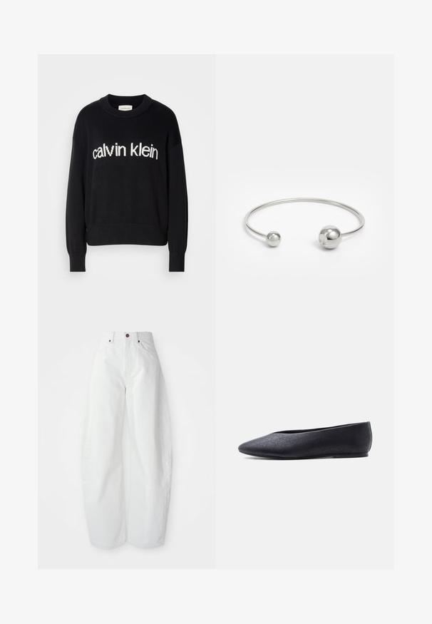 Suéter de punto negro de manga larga con cuello redondo y logo blanco de "calvin klein" centrado en el frente.; Pantalones de mezclilla blancos de tiro alto con un corte holgado. Presentan un cierre de botón, bolsillos laterales y un diseño minimalista. Textura suave.; Zapato plano de ballet negro con punta puntiaguda y patrón perforado sutil, mostrado de lado sobre un fondo blanco sencillo.; Brazalete de metal plateado con dos acentos esféricos en cada extremo, superficie lisa, diseño abierto y forma elegante y minimalista.