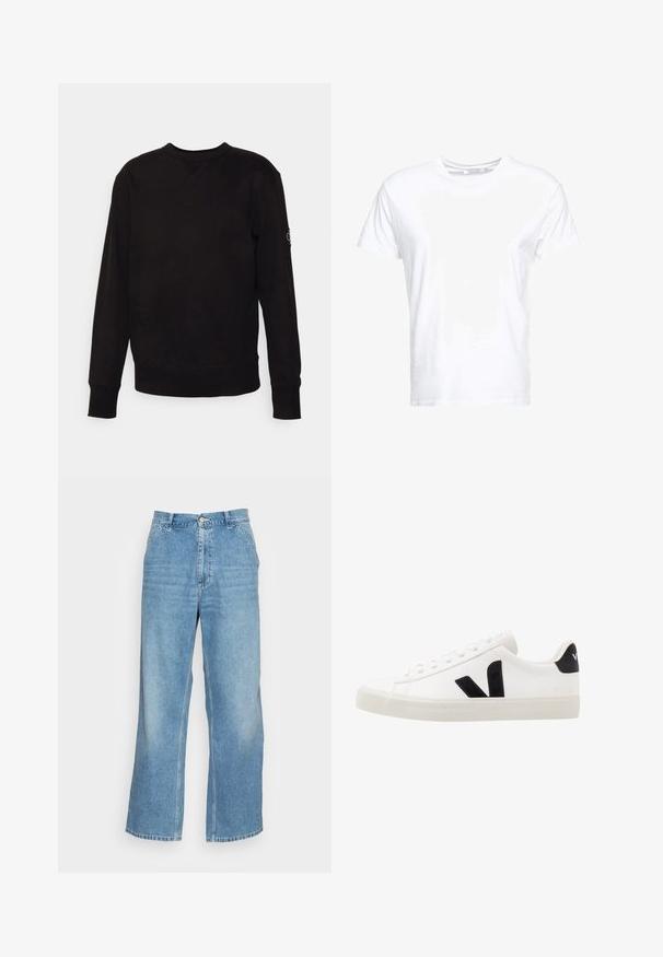 Μαύρο φούτερ με μακριά μανίκια και στρογγυλή λαιμόκοψη, με ριμπ μανσέτες και στρίφωμα, μικρή ραμμένη λεπτομέρεια στο λαιμό και επιφάνεια στο αριστερό μανίκι.; Λευκό βαμβακερό μπλουζάκι με στρογγυλή λαιμόκοψη και κοντό μανίκι, σε κλασική γραμμή και λεία υφή. Χωρίς ορατά σχέδια ή μεταλλικά μέρη.; Φωτεινά μπλε φαρδιά τζιν φτιαγμένα από τζιν ύφασμα. Έχουν ψηλή μέση, κλείσιμο με κουμπί και τυπικό σχέδιο πέντε τσεπών. Λείος υφασμάτινος χαρακτήρας.; Λευκό δερμάτινο sneaker με μαύρες σουέτ λεπτομέρειες; διαθέτει καουτσούκ σόλο, στρογγυλή μύτη και κλασικό σχέδιο με κορδόνια. Λογότυπο στην πλευρά σε μαύρο χρώμα.