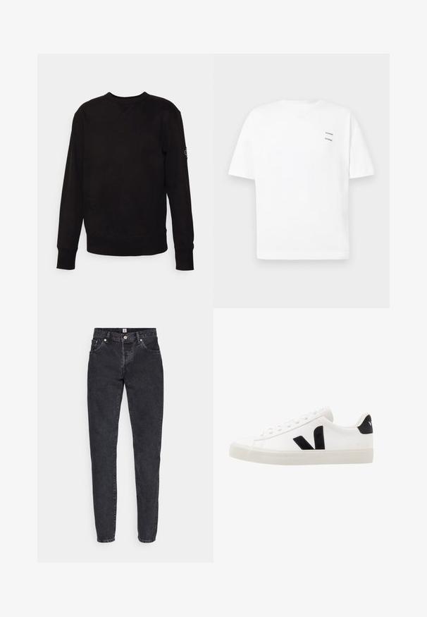 Schwarzer langärmeliger Crewneck-Sweatshirt mit gerippten Bündchen und Saum, kleinem Ziernähtchen am Halsausschnitt und einem Aufnäher am linken Ärmel.; Weißes Baumwoll-T-Shirt mit lässiger Passform, kurzen Ärmeln und V-Ausschnitt. Verfügt über zwei kleine schwarze gedruckte Logos auf der linken Seite.; Schwarze Jeans aus Denim mit geradem Bein, im Five-Pocket-Stil, mit Knopfverschluss und subtiler, ausgewaschener Textur.; Weiße Leder-Sneaker mit schwarzen Wildlederelementen; verfügen über eine Gummisohle, eine runde Spitze und ein klassisches Schnürdesign. Seitliches Logo in Schwarz.