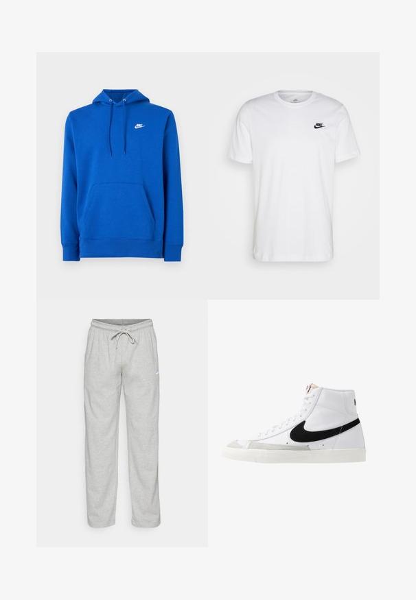 Sudadera con capucha azul hecha de tela suave, con un bolsillo delantero, capucha con cordón ajustable y un logo blanco de Nike en el pecho.; Camiseta de algodón blanca con cuello redondo, mangas cortas y un logo negro de Nike en el lado izquierdo del pecho. Diseño simple en un color sólido.; Pantalones de chándal gris claro hechos de una tela suave. Cuentan con una cintura elástica con cordón y el logo de Nike en negro en el muslo izquierdo.; Zapatillas altas blancas con un swoosh negro, una puntera texturizada en gris y suela plana blanca. Presenta seis ojales y acentos cosidos.
