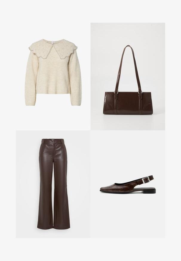 Pull crème avec un col festonné et des accents en perles argentées. Fabriqué à partir d'un tissu texturé et doux. Dispose de manches longues et d'une coupe décontractée.; ONLY Tall ONLSMOOTH WIDE - Pantalon classique - seal brown; Chaussure plate slingback en cuir marron foncé avec bout carré, texture crocodile et boucle argentée sur la bride.; Sac à main en cuir verni marron de forme rectangulaire, avec deux longues poignées et des accents courbés subtils à l'avant.