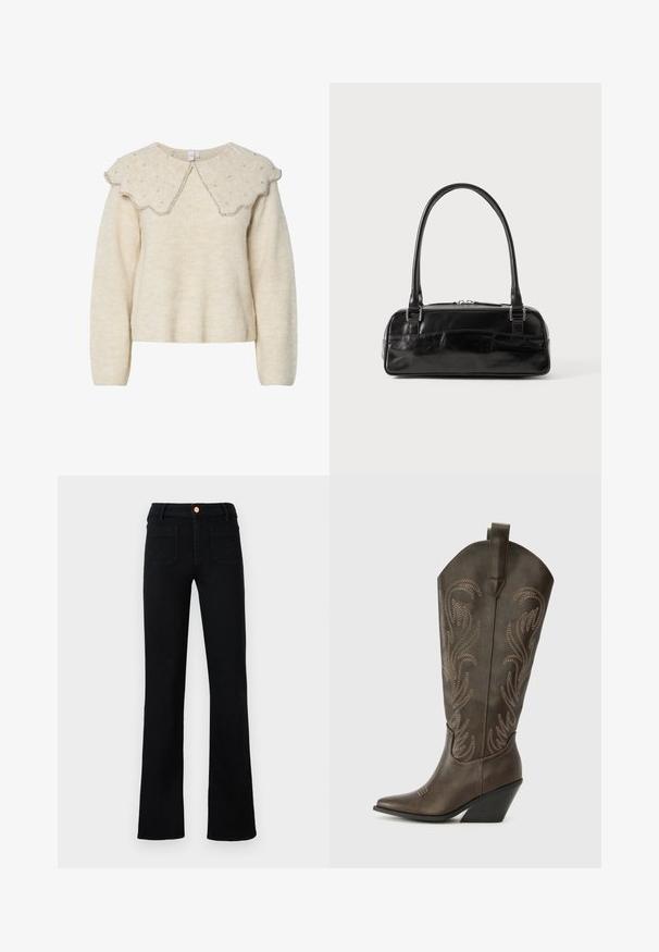 Cremefarvet sweater med en bølgekantet krave og sølvperle detaljer. Lavet af tekstureret, blødt stof. Har lange ærmer og en afslappet pasform.; Sorte højtaljede lige ben jeans med frontlomme og kobberknaplukning på en neutral baggrund.; Brune læder cowboystøvle med spids tå, kilehæl og dekorativ broderi. Har en høj stok og en trækflap.; Sort læderhåndtaske med rektangulær form, der har et enkelt struktureret håndtag, sølvhardware og lynlås-lukning. Glat tekstur.