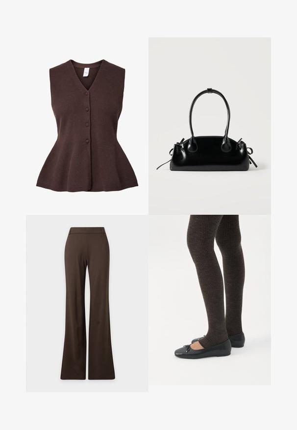Gilet en tricot marron sans manches avec col en V et quatre boutons sur le devant, s'évasant légèrement à la taille.; Pantalon marron taille haute avec jambes larges et passants pour ceinture, présenté à plat sur un fond clair.; Jambes portant des leggings côtelés foncés associés à des ballerines noires avec de petits détails en nœud sur fond blanc.; Petit sac à main noir brillant avec deux longues anses et des détails à cordon sur les côtés sur un fond clair uni.