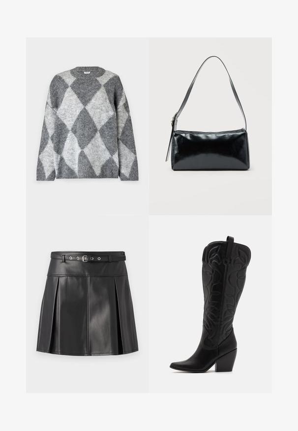 Noisy May NMSUTTON - Svetrík - dark grey melange; Čierna plisovaná sukňa z imitácie kože, ktorá má priliehavý pás s opaskom a strieborné kovové doplnky. Hladká textúra.; Čierne kožené čižmy po kolená so špicatou špičkou a vrstveným podpätkom. Majú dekoratívne prešívanie a zakrivené dizajnové prvky.; Čierna obdĺžniková kabelka na rameno s jedným nastaviteľným remienkom a horným zipsom na jednofarebnom pozadí.