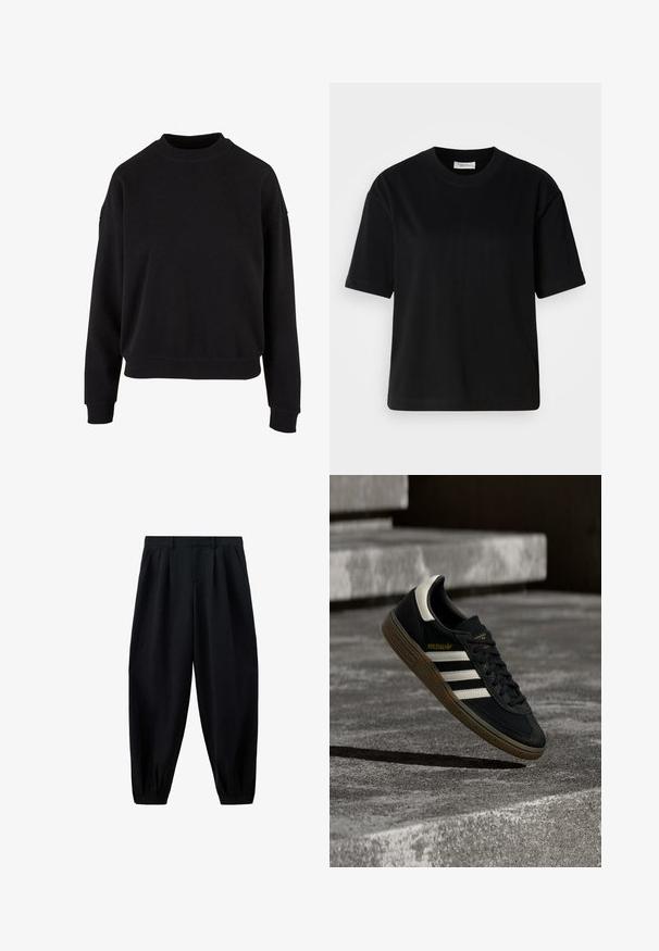 Sweatshirt noir, fabriqué en coton doux, avec un col rond, des épaules tombantes et des poignets côtelés, offrant une coupe décontractée.; T-shirt en coton noir à manches courtes, à encolure ronde et à coupe décontractée. Texture lisse et design minimal sans motifs ni accents visibles.; Pantalon noir taille haute effilé avec des plis à la taille et aux poignets, et des poches latérales, présenté sur fond blanc.; Baskets Adidas noires avec des bandes blanches et une semelle en gomme flottant au-dessus d'escaliers en béton gris sous une lumière naturelle.