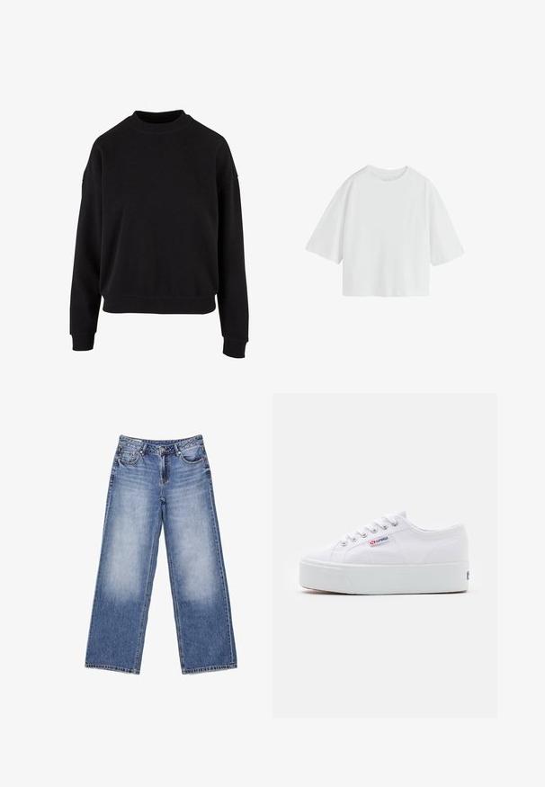 Schwarzer Sweatshirt aus weicher Baumwolle mit Rundhalsausschnitt, überschnittenen Schultern und gerippten Bündchen in entspannter Passform.; Schlichtes weißes oversized T-Shirt mit kurzen Ärmeln, rundem Ausschnitt und lockerem Schnitt.; Hellblaue Denim-Jeans mit weitem Bein, Fronttaschen, Gürtelschlaufen, Knopfverschluss und dezentem Verblassen an den vorderen Oberschenkeln.; Weiße Leinenschuhe mit einer dicken weißen Plattformsohle, runder Zehenpartie und Metallösen für die Schnürsenkel. Markenlogo an der Seite angebracht.
