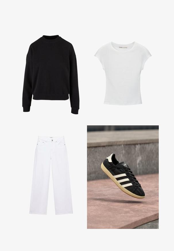 Schwarzer Sweatshirt aus weicher Baumwolle mit Rundhalsausschnitt, überschnittenen Schultern und gerippten Bündchen in entspannter Passform.; Weißes Baumwoll-T-Shirt mit kurzen, aufgerollten Ärmeln, rundem Ausschnitt und geradem Saum. Glatte Textur ohne sichtbare Muster oder Akzente.; Weiße, hoch taillierte Jeans mit weitem Bein, Knopf- und Reißverschluss, Taschen vorne und hinten sowie silbernen Nieten.; Schwarzer Adidas-Sneaker mit weißen Streifen und beiger Sohle, in der Luft über einer steinernen Oberfläche und mit Steinwand im Hintergrund aufgenommen.