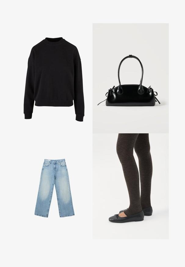 Sort sweatshirt lavet af blødt bomuld, har rundt halsudskæring, sænkede skuldre og ribbede manchetter med en afslappet pasform.; Lyseblå bukser med vide ben i denim med lommer foran og bagpå, bæltestropper og knappelukning.; Ben iført mørke ribbede leggings kombineret med sorte balletsko med små sløjfedetaljer på hvid baggrund.; Lille sort blank håndtaske med to lange håndtag og snøre-detaljer i siden på en ensfarvet lys baggrund.