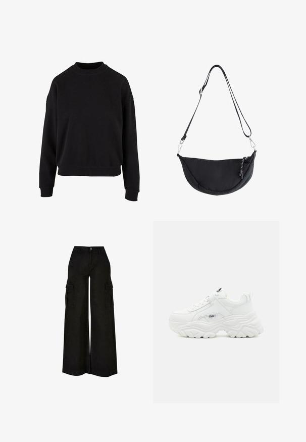 Sort sweatshirt lavet af blødt bomuld, har rundt halsudskæring, sænkede skuldre og ribbede manchetter med en afslappet pasform.; Sort vidbens cargo bukser med høj talje, frontknap, lynlås, bæltestropper og klaplommer på begge lår.; Hvide chunky sneakers med en glat læderoverdel, rund tå og tyk tekstureret sål med et synligt brandlogo på siden.; Sort halvmånformet crossbody taske med justerbar rem, lynlåslukning og sølvmetalclips på hvid baggrund.