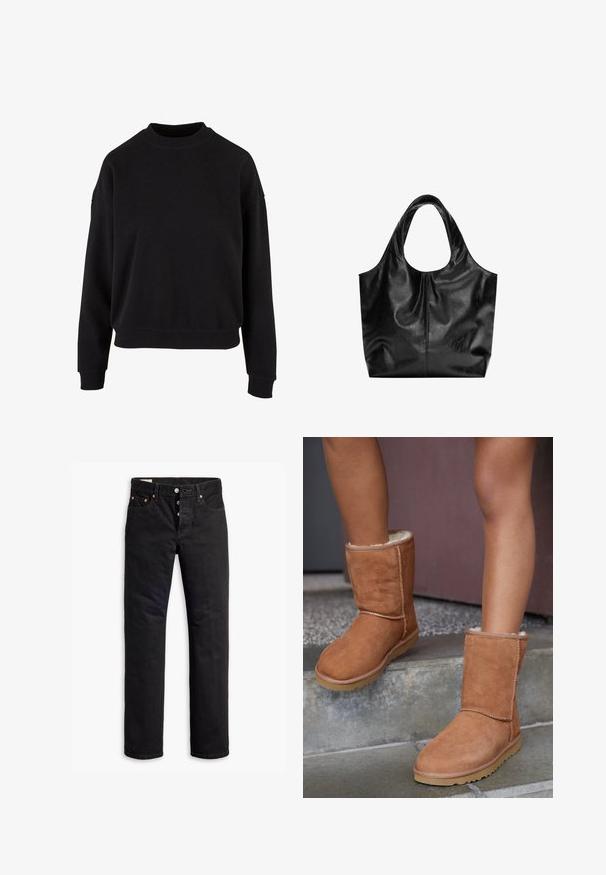 Sort sweatshirt lavet af blødt bomuld, har rundt halsudskæring, sænkede skuldre og ribbede manchetter med en afslappet pasform.; Sorte denimjeans med lige pasform, fem lomme-design og knaplukning. Har kobbernitter og syningsdetaljer.; Brune ruskind ankelstøvler med rund tå, blødt foer og gummisål, der har synlige stikninger langs sømmene.; Sort læder tote taske med en glat overflade, en blød, afrundet top og brede håndtag. Har minimal syning og en afslappet silhuet.