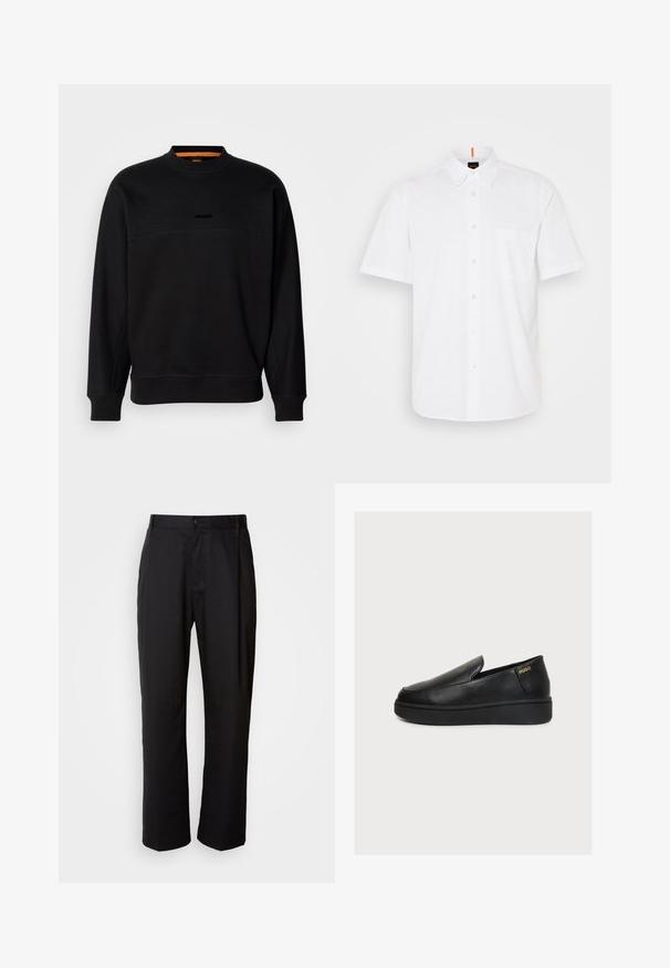 Mustan puuvillaneuleen sweatshirt, jossa on crew-neck-kaulus, vaakasuora sauma ja hienovarainen kohokirjailtu logo. Ribbauskudokset hihansuissa ja helmassa antavat rakennetta.; Valkoinen lyhythihainen nappipaita, joka on valmistettu puuvillasta. Paidassa on yksi rintatasku, klassinen kaulus ja hillitty ompeluyksityiskohta.; Mustat suorat housut, jotka on valmistettu kevyestä kankaasta. Varustettu edessä nappikiinnityksellä ja kahdella sivutaskulla; sileä pinta.; Musta nahkainen slip-on-kengänpohjallinen paksulla pohjalla ja pienellä kultaisella "HUGO" -logolla kantapään lähellä yksivärisellä vaalealla taustalla.