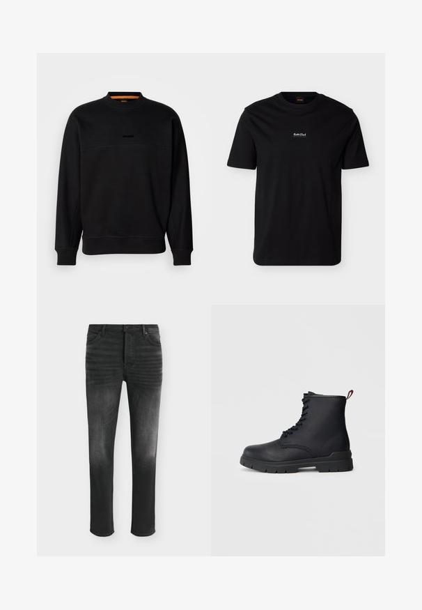 Sort bomulds sweatshirt med rund hals, der har en horisontal søm og en subtil præget logo. Ribmede manchetter og kant giver struktur.; Sort kortærmet t-shirt med rund hals, med lille hvid "Boss Club" tekst centreret på brystet og et orange "Boss" mærke inde i kraven.; Sorte skinny-fit jeans med falmede detaljer, fem-lomme-stil og knaplukning i taljen.; Sort læder ankelstøvle med snørebånd foran, tykk gummisål og rød løftestrop ved hælen, vist mod en ensfarvet lys baggrund.