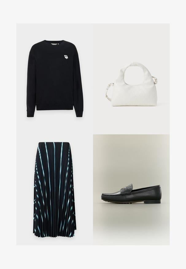 Sort sweatshirt lavet af bomuld. Har lange ærmer, en rund halsudskæring og en lille hvid blomsterbroderi på venstre bryst.; Sort plisseret nederdel med lyseblå diagonale striber. Lavet af letvægts, struktureret stof. Falder til midt på læggen uden synlige lukninger.; Sort læderloafer med mokkasyning, lav hæl og guldfarvet metaldetalje på remmen, vist i profil på beige baggrund.; Hvid håndtaske lavet af tekstureret syntetisk materiale, med et buet håndtag, geometrisk mønster og aftagelig skulderrem med metal detaljer.