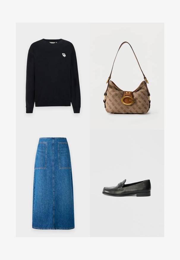 Schwarzes Sweatshirt aus Baumwolle. Hat lange Ärmel, einen runden Ausschnitt und eine kleine weiße Blumenstickerei auf der linken Brust.; Dunkelblaum Denim-Rock mit geradem Schnitt, ausgestattet mit zwei aufgesetzten Taschen auf der Rückseite und sichtbaren Nähten am Saum sowie an den Taschenkanten.; Schwarze Leder-Slipper mit abgerundeter Spitze, erhöhten Nähdetails und einem niedrigen, gestapelten Absatz. Glatte Textur mit einem dezenten Glanz.; Beige und braun gemusterte Schultertasche mit verstellbarem Riemen und großer goldener G-förmiger Schnalle, die vorne mit "Guess" gebrandet ist.