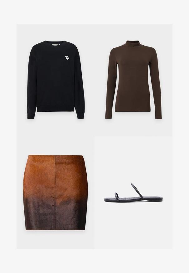 Schwarzes Sweatshirt aus Baumwolle. Hat lange Ärmel, einen runden Ausschnitt und eine kleine weiße Blumenstickerei auf der linken Brust.; Braunes langärmliges Rollkragenoberteil aus weichem Stoff. Figurbetontes Design mit hohem Hals und nahtlosen Ärmeln. Keine sichtbaren Muster oder Hardware.; Brauner Farbverlauf Minirock aus weichem Material, mit einer glatten Textur, figurbetontem Schnitt und präzisen Nähten entlang der Kanten.; Schwarze flache Sandale mit dünner, gesteppter Sohle und zwei schmalen Riemen über den Zehen und dem Mittelfuß, seitlich auf weißem Hintergrund abgebildet.