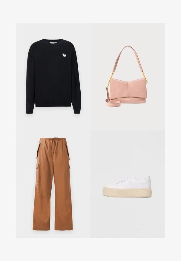 Schwarzes Sweatshirt aus Baumwolle. Hat lange Ärmel, einen runden Ausschnitt und eine kleine weiße Blumenstickerei auf der linken Brust.; Braune weit geschnittene Cargo-Hose aus leichtem Stoff, mit elastischem Taillenbund und Kordelzug sowie Seitentaschen.; Weiße Leinenschuhe mit einer massiven beigefarbenen Plattformsohle, die ein dezentes gesticktes Logo an der Seite und ein klassisches Schnürdesign aufweisen.; Blassrosa Lederhandtasche mit gefaltetem Design, geflochtenem Griff, goldfarbenen Hardware-Akzenten und verstellbarem Schulterriemen.