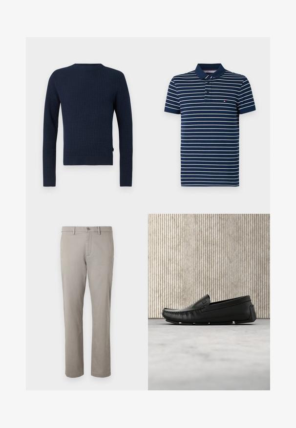 Pull en maille bleu marine avec un motif texturé, manches longues, col rond, et poignets et ourlet côtelés. Présente un logo discret sur le côté.; Polo bleu marine à rayures horizontales blanches, manches courtes, patte à deux boutons et petit logo sur la poitrine. Matière en mélange de coton.; Pantalons en coton beige avec une coupe droite, dotés d'une fermeture à un bouton et de poches standards, texture lisse et sans motifs visibles.; Mocassin en cuir noir flottant au-dessus d'un sol beige couvert de moquette à côté d'une table en verre arrondie de couleur ambre.