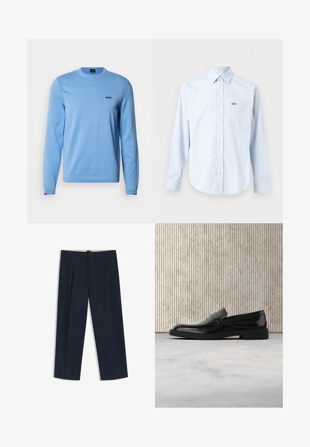 Pull bleu clair en tissu tricoté doux, avec un col rond, des manches longues et un petit logo noir sur la poitrine.; Chemise bleu clair à manches longues avec fines rayures blanches verticales et une poche poitrine avec une petite étiquette bleue « Hugo ».; Pantalon large bleu marine foncé avec passants pour ceinture, fermeture à bouton et zip à l'avant, et poches latérales, présenté sur fond blanc.; Mocassin en cuir noir poli flottant au-dessus d'un tapis beige avec un mobilier translucide orange en arrière-plan.