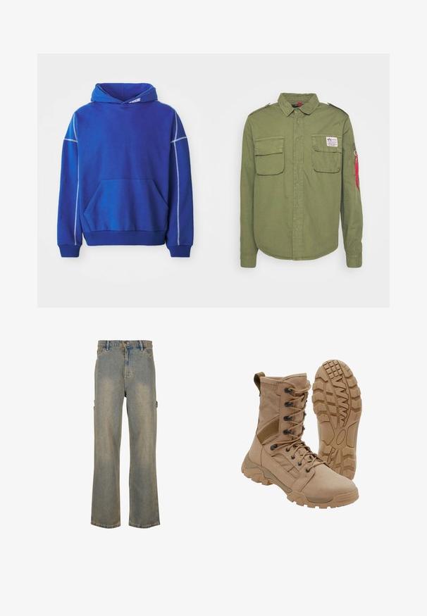 Blauer Hoodie aus weichem Stoff, mit einer Kängurutasche, Kapuze mit Zugband und kontrastierenden hellblauen Nähten entlang der Nähte.; Olivgrünes Hemd mit Knöpfen aus Baumwolle, ausgestattet mit zwei Brusttaschen, Schulterklappen und einer seitlichen Ziptasche mit roten Akzenten.; Karl Kani WORKWEAR DIRTY - Jeans Relaxed Fit - vintageblue; Brauner taktischer Stiefel mit schnürbarem Knöchel-Design und robuster Gummisohle, ein Stiefel steht aufrecht, der andere zeigt das Profil der Sohle.