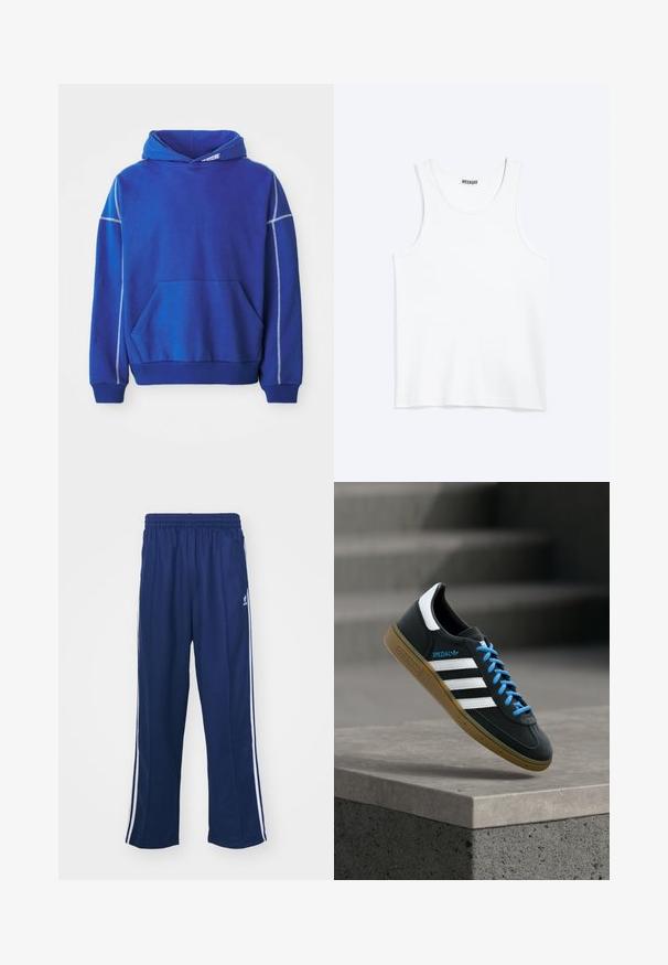 Blauwe hoodie van zacht materiaal, met een kangoeroezak, een capuchon met koord en contrasterende lichtblauwe stiksels langs de naden.; Wit mouwloos hemdje met ronde hals en Weekday-merklabel aan de binnenkant van de achterkraag, plat weergegeven op een lichte achtergrond.; Marineblauwe sportbroek met een ontspannen pasvorm, voorzien van witte zijstrepen en een elastische tailleband. Soepele stof, geen zichtbare patronen of hardware.; Zwarte Adidas-sneaker met witte strepen, blauwe veters en een gumzool die boven een grijze betonnen trede zweeft in zacht licht.