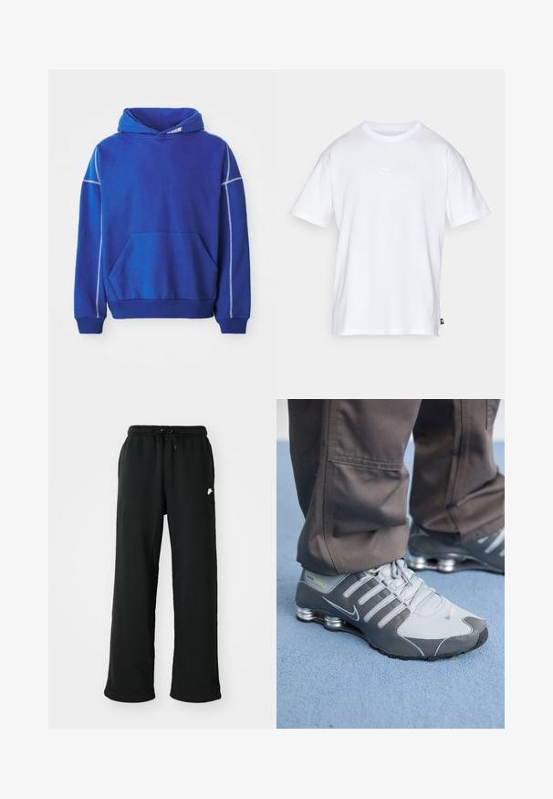 Blå hættetrøje lavet af blødt stof, med kængurulomme, snoretræk ved hætten og kontrasterende lyseblå syninger langs sømmene.; Hvid bomulds T-shirt med korte ærmer og rund hals. Har et lille, diskret Nike-logo på brystet og et sidelabel.; Sorte joggingbukser lavet af blødt stof, med elastisk talje og justerbar snøring samt et lille logoakcent på siden.; Grå og sølv Nike Shox sneakers har et slankt design med mesh og syntetiske materialer, en rund tå og en polstret krave.