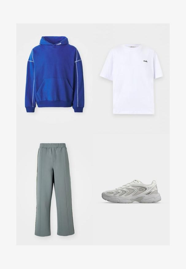 Blauer Hoodie aus weichem Stoff, mit einer Kängurutasche, Kapuze mit Zugband und kontrastierenden hellblauen Nähten entlang der Nähte.; Weißes T-Shirt mit kurzen Ärmeln und Rundhalsausschnitt, mit kleinem schwarzem ellesse-Logo auf der linken Brust vor eintönigem Hintergrund.; Graue Sweatpants aus glattem Stoff, mit einem elastischen Bund und kontrastierenden vertikalen Streifen an den Seiten. Lockerer Schnitt.; Weißer Sportschuh mit wellenförmigen Mustern, Mesh-Einsätzen und dicker, gepolsterter Sohle, von der Seite auf hellem, einfarbigem Hintergrund gezeigt.