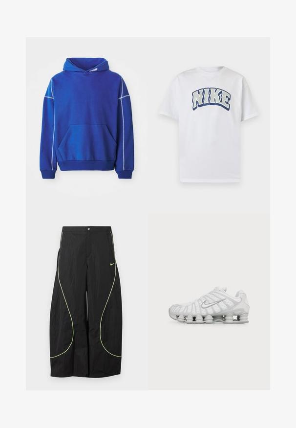 Blauwe hoodie van zacht materiaal, met een kangoeroezak, een capuchon met koord en contrasterende lichtblauwe stiksels langs de naden.; Wit T-shirt met korte mouwen met grote gebogen "NIKE" tekst in vetgedrukte, omlijnde letters, gecentreerd op de borst.; Zwarte wijde Nike-broek met neon groene gebogen biezen en klein Nike-swoosh-logo op de rechterdij, knoop- en ritssluiting in de taille.; Witte Nike-sneaker met een kenmerkend golvend ontwerp en veerachtige demping onder de zool, gezien van de zijkant op een effen achtergrond.