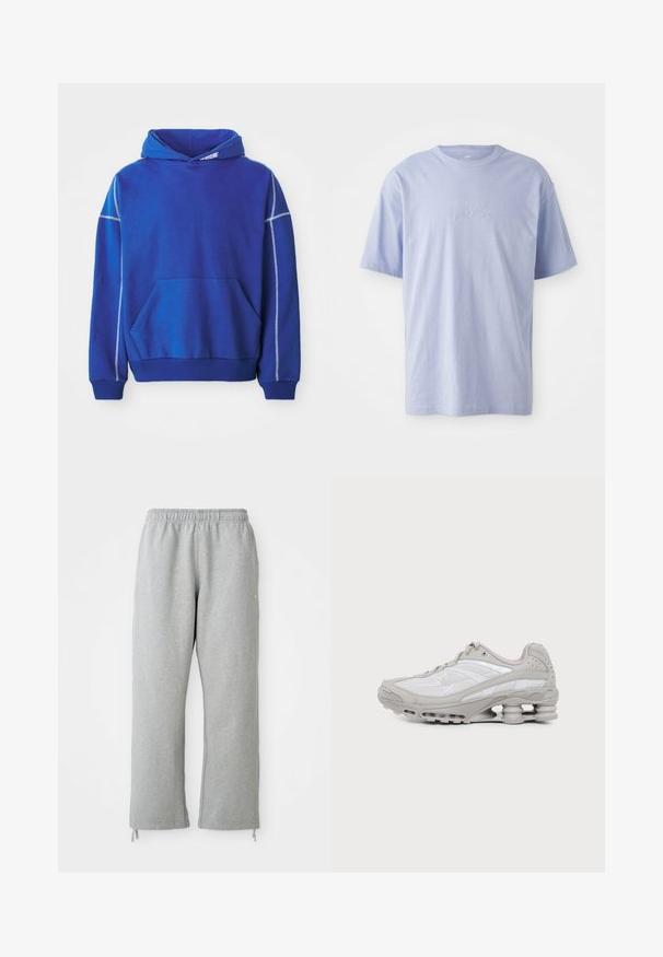 Blauwe hoodie van zacht materiaal, met een kangoeroezak, een capuchon met koord en contrasterende lichtblauwe stiksels langs de naden.; Lichtblauwe katoenen T-shirt met een ronde hals en korte mouwen. Kenmerkt zich door een reliëf "nike" logo op het midden van de voorkant. Zachte textuur.; Grijze sweatpants met een elastische tailleband, rechte pijpen en trekkoordaccenten aan de zoom. Gemaakt van zachte, gestructureerde stof.; Grijze en witte sportschoen met zichtbare luchtkussenzool en meshpanelen, in profiel weergegeven op een eenvoudige lichte achtergrond.