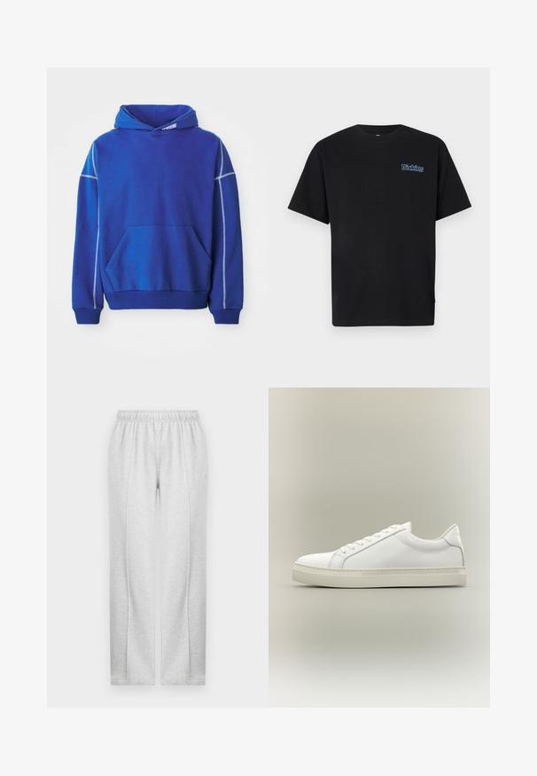 Blauer Hoodie aus weichem Stoff, mit einer Kängurutasche, Kapuze mit Zugband und kontrastierenden hellblauen Nähten entlang der Nähte.; Schwarzes Baumwoll-T-Shirt mit kurzen Ärmeln und Rundhalsausschnitt. Verfügt über ein blau gesticktes "Dickies"-Logo auf der linken Brustseite.; Graue Jogginghose mit einem elastischen Bund, geraden Beinen und dezenten Seitennähten. Aus weichem, leichtem Stoff gefertigt. Minimalistisches Design.; Weißer Sneaker mit niedrigem Schaft, vorn mit Schnürung und dicker Sohle, aus der Seitenansicht vor neutralem Hintergrund.