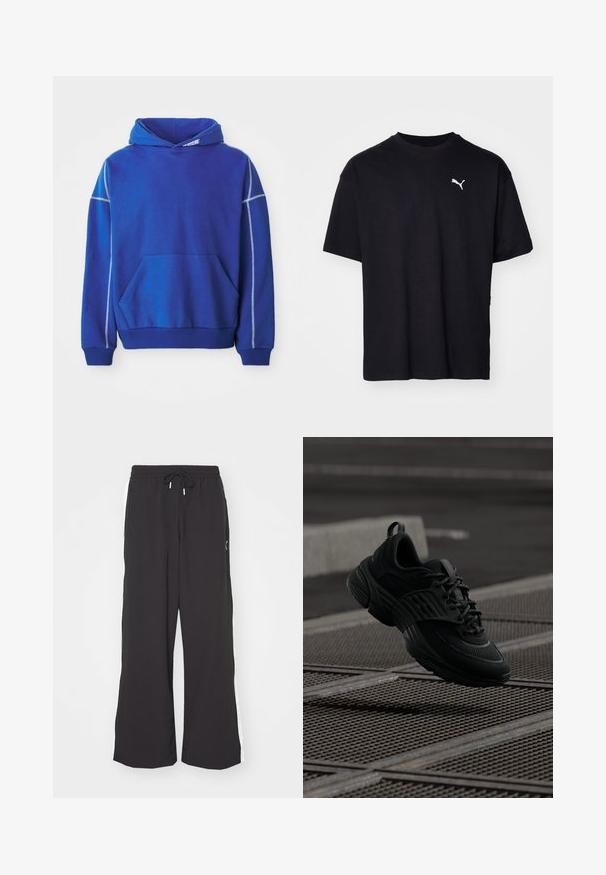 Blauwe hoodie van zacht materiaal, met een kangoeroezak, een capuchon met koord en contrasterende lichtblauwe stiksels langs de naden.; Zwarte katoenen t-shirt met korte mouwen, ronde halslijn en een wit Puma-logo op de bovenste linkerborst. Klassieke pasvorm, soepele textuur.; Zwarte wijde sweatpants met een elastische tailleband en trekkoord. Voorzien van witte zijstrepen en twee zijzakken. Glad textuur.; Zwarte sportieve schoenen met een gestructureerde mesh bovenkant en rubberen zool, met een dikke silhouette en vetersysteem voor een veilige pasvorm.