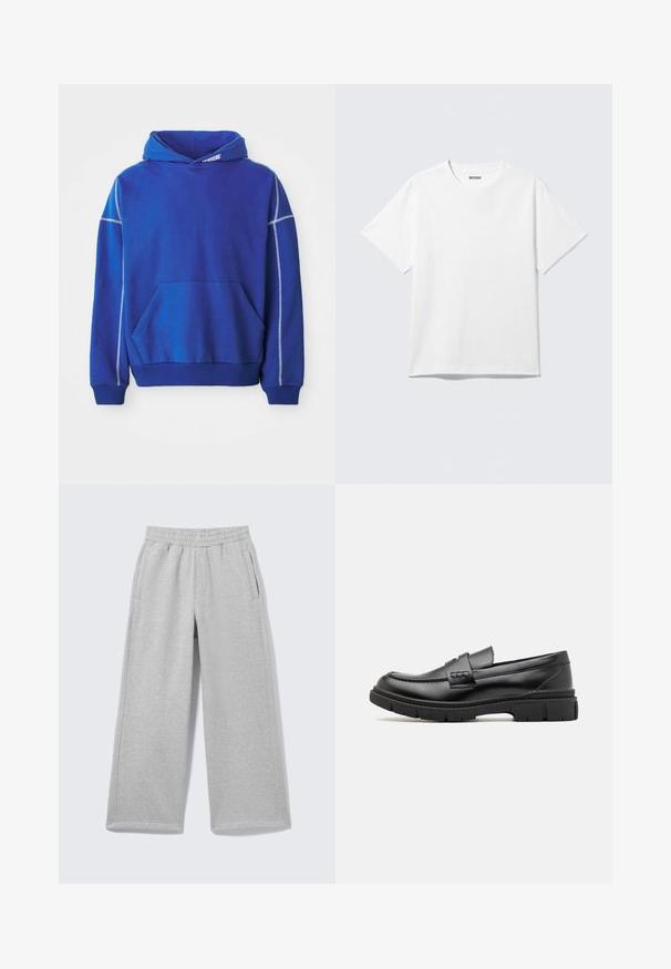 Blauwe hoodie van zacht materiaal, met een kangoeroezak, een capuchon met koord en contrasterende lichtblauwe stiksels langs de naden.; Witte T-shirt met korte mouwen en ronde hals, plat gelegd, effen ontwerp, met een "WEEKDAY" label in de kraag op een lichte achtergrond.; Lichtgrijze sweatpants met wijde pijpen, elastische tailleband en zijzakken, weergegeven op een effen achtergrond.; Zwarte leren instapper met een brede band over de voet, rubberen zool met dikke noppen en een gladde textuur. Klassiek, strak ontwerp.