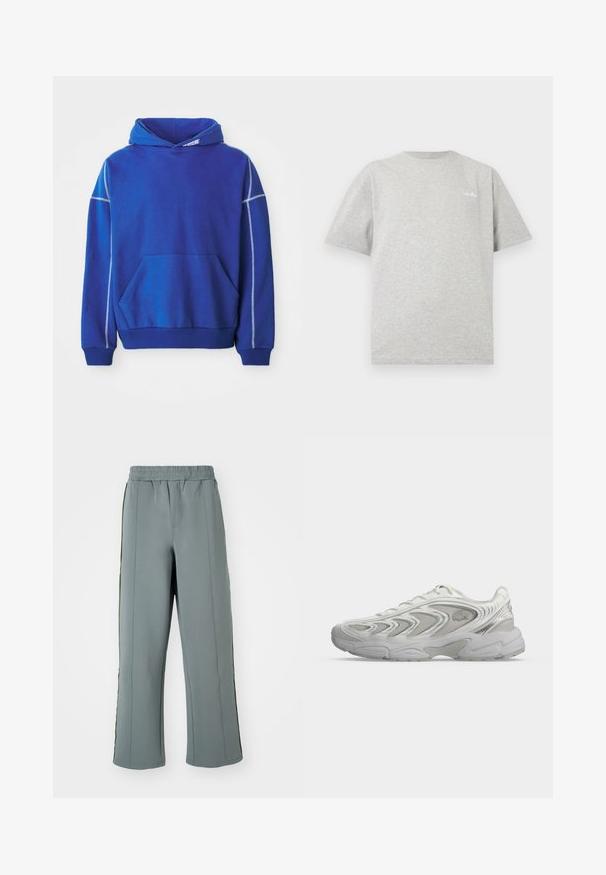 Blauwe hoodie van zacht materiaal, met een kangoeroezak, een capuchon met koord en contrasterende lichtblauwe stiksels langs de naden.; Lichtgrijs T-shirt met korte mouwen en ronde hals, met klein wit logo op de linkerborst, tegen een witte achtergrond.; Grijze sweatpants van gladde stof, met een elastische tailleband en contrasterende verticale strepen langs de zijkanten. Losse pasvorm.; Witte sportschoen met golfachtige patronen, meshpanelen en dikke gevoerde zool, van opzij getoond op een egale lichte achtergrond.