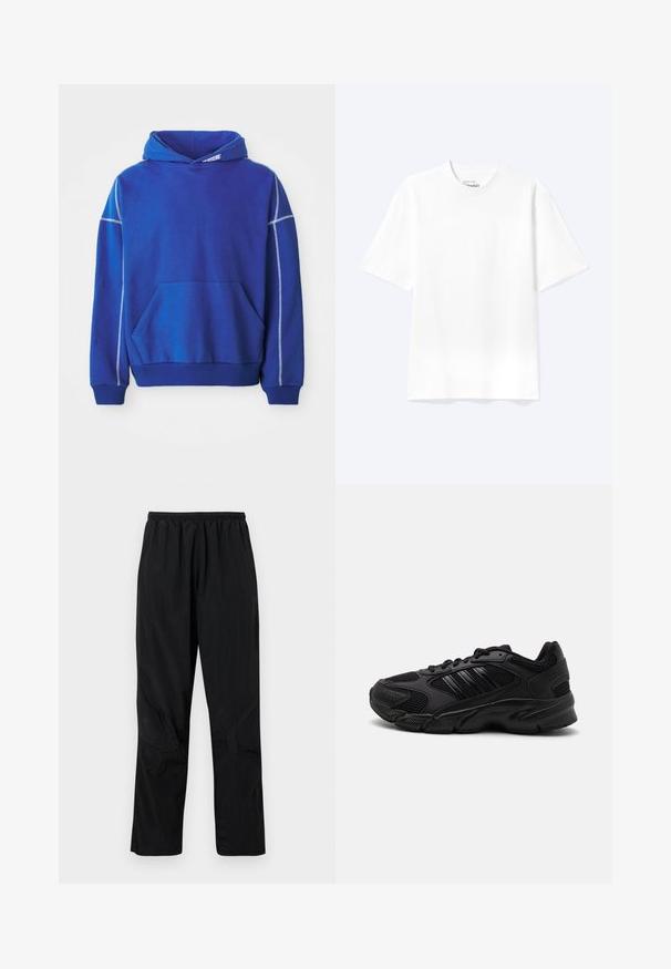 Sudadera azul hecha de tela suave, con un bolsillo tipo canguro, capucha con cordón y costuras en contraste en azul claro a lo largo de las costuras.; Camiseta lisa blanca de manga corta y cuello redondo con un corte relajado, mostrada sobre un fondo claro.; Pantalones de nylon negros con una cinturilla elástica, que presentan un acabado ligero y texturizado y acentos en las costuras para un diseño moderno.; Zapatillas deportivas negras que combinan malla transpirable y materiales sintéticos. Suela texturizada distintiva y tres franjas negras en el costado.
