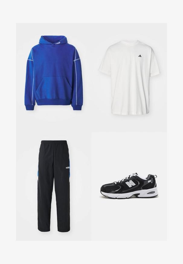 Blauwe hoodie van zacht materiaal, met een kangoeroezak, een capuchon met koord en contrasterende lichtblauwe stiksels langs de naden.; Witte katoenen t-shirt met korte mouwen, ronde hals en een klein zwart Adidas-logo op de linkerzijde van de borst. Zachte textuur, casual pasvorm.; Zwarte sportbroeken met een elastische tailleband, voorzien van blauwe en witte grafische accenten aan de zijkanten en een geborduurd logo.; Zwarte en grijze sport schoenen met een bovenwerk van mesh en suede, voorzien van een witte tussenzool, veters en een gedurfde "N"-logo aan de zijkant.