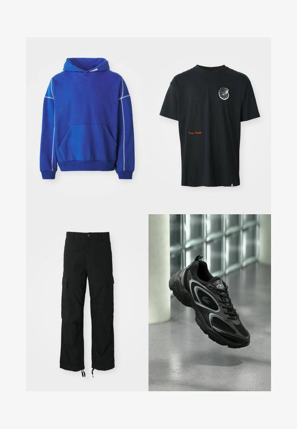 Sudadera azul hecha de tela suave, con un bolsillo tipo canguro, capucha con cordón y costuras en contraste en azul claro a lo largo de las costuras.; Camiseta negra de manga corta con un pequeño gráfico de fósil blanco en el pecho y el texto en naranja "Fósiles de Texas" cerca de la parte inferior izquierda.; Pantalones cargo negros hechos de tela durable, con dos bolsillos laterales, cierre de botón y dobladillos ajustables para un ajuste suelto y relajado.; Zapato deportivo negro con material de malla y sintético, suela texturizada, diseño elegante, detalles plateados y cierre de cordones al frente.
