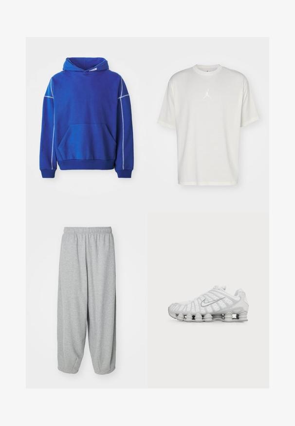 Blå hættetrøje lavet af blødt stof, med kængurulomme, snoretræk ved hætten og kontrasterende lyseblå syninger langs sømmene.; Hvid bomulds t-shirt med rund halsudskæring, korte ærmer og et lille broderet logo i midten. Løst fit design med minimal syning.; Lys grå, løstsiddende sweatpants lavet af blød stof. Elastisk talje og manchetter ved anklerne. Enkel og udekoreret design.; Hvid Nike løbesko med synlig luftstøbt sål og sølv swoosh-logo på siden, vist fra ydersiden.