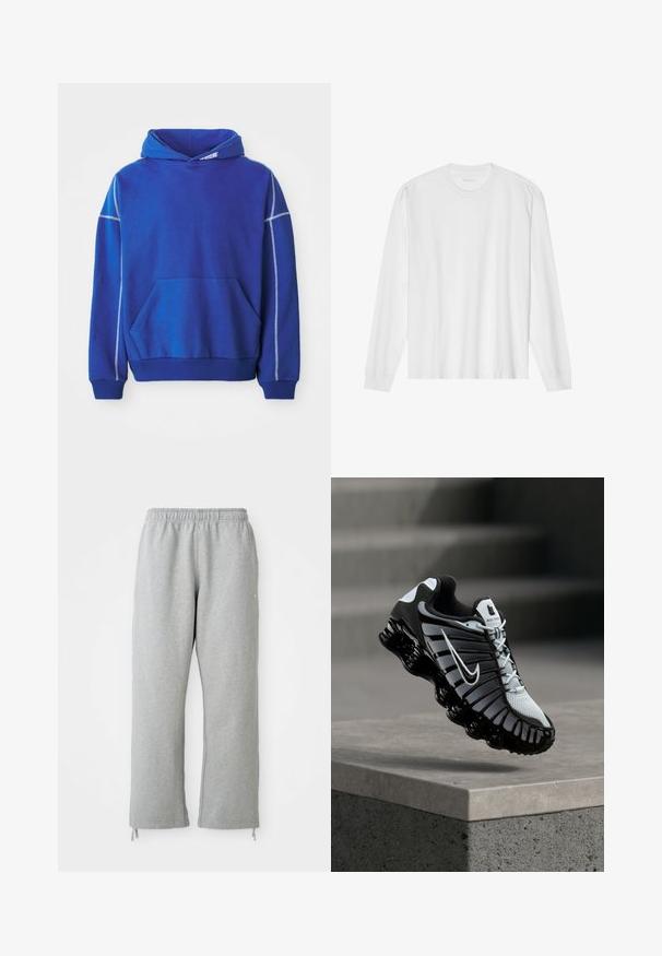 Sudadera azul hecha de tela suave, con un bolsillo tipo canguro, capucha con cordón y costuras en contraste en azul claro a lo largo de las costuras.; Camiseta blanca de algodón de manga larga con cuello redondo, con puños acanalados y dobladillo recto, textura suave y diseño minimalista.; Pantalones de chándal grises con una cintura elástica, piernas rectas y detalles de cordones en el dobladillo. Fabricados en una suave tela texturizada.; Zapato de correr Nike en blanco y negro suspendido sobre una superficie de concreto con un fondo de piedra escalonada.
