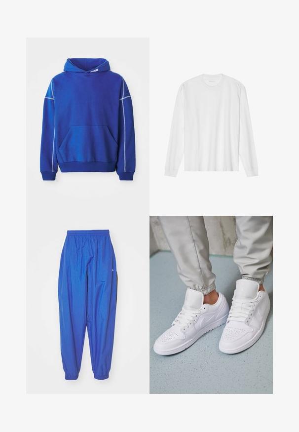 Sudadera azul hecha de tela suave, con un bolsillo tipo canguro, capucha con cordón y costuras en contraste en azul claro a lo largo de las costuras.; Camiseta blanca de algodón de manga larga con cuello redondo, con puños acanalados y dobladillo recto, textura suave y diseño minimalista.; Pantalones deportivos azules de tejido ligero, con cintura elástica, dobladillos ajustados y rayas blancas en los lados.; Las zapatillas deportivas de cuero blanco cuentan con una caja de dedos perforada, cordones planos, un cuello acolchado y el logo de Jordan en la lengüeta. Las llevan puestas con pantalones joggers grises.