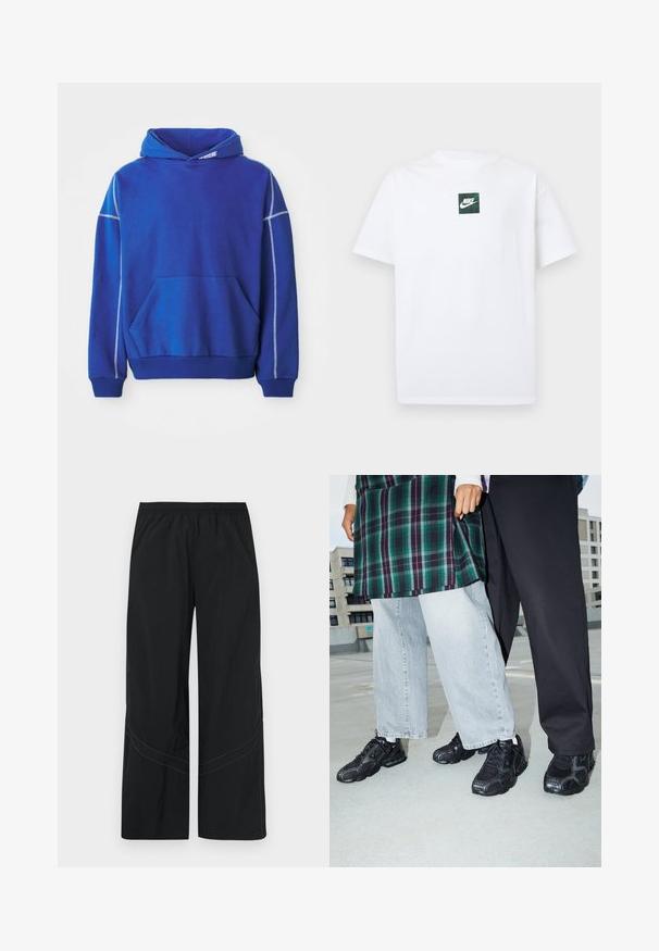 Blå hættetrøje lavet af blødt stof, med kængurulomme, snoretræk ved hætten og kontrasterende lyseblå syninger langs sømmene.; Hvid Nike T-shirt med korte ærmer og et lille grønt firkantet logo med Nike swoosh og tekst centreret på brystet.; Sorte bukser med vide ben lavet af letvægtsstof med elastisk talje og diskret buet syningsdetalje ved kanten.; Sorte atletik sko med mesh- og gummidetaljer. Båret med lysegrå vide jeans og en ternet grøn bluse. Flad overflade i baggrunden.