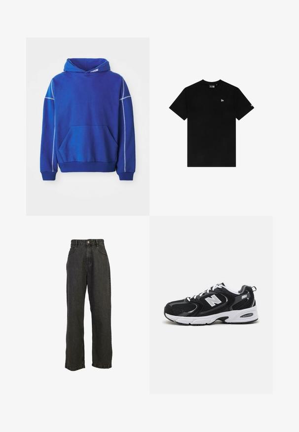 Blå hættetrøje lavet af blødt stof, med kængurulomme, snoretræk ved hætten og kontrasterende lyseblå syninger langs sømmene.; Sort bomulds t-shirt med rund hals, korte ærmer, udstyret med et lille hvidt logo på venstre bryst og uden yderligere mønstre eller accenter.; Sorte denim jeans med vid ben, høj talje, syede lommer og knaplukning. Glat tekstur med en let slidt finish.; Sorte og grå sportssko med mesh og ruskind på overdelen, der har en hvid mellemsål, snørebånd og et iøjnefaldende "N" logo på siden.